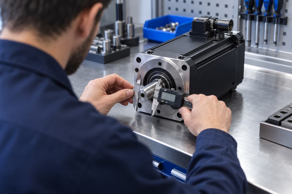 Technician measuring a servomotor shaft with a caliper