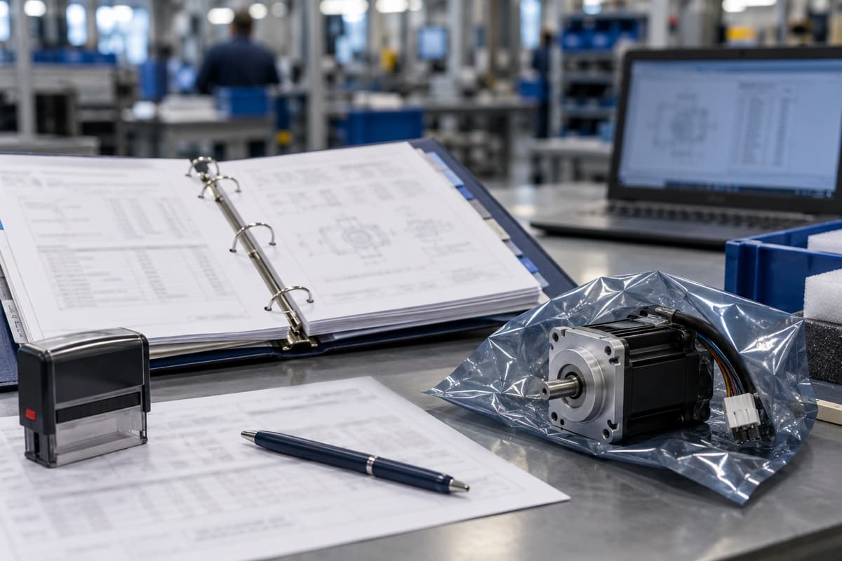 Document binder and packaged motor on a desk
