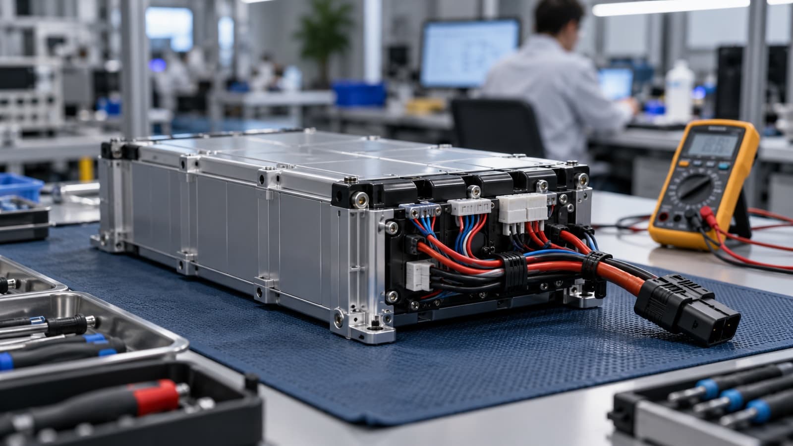 Lithium battery pack on an antistatic mat