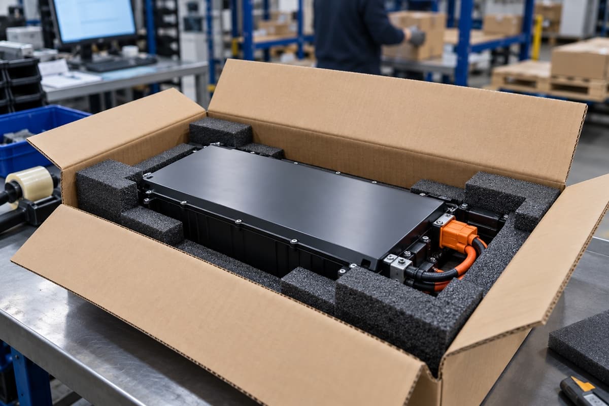 Battery pack held in protective padding inside an open shipping box