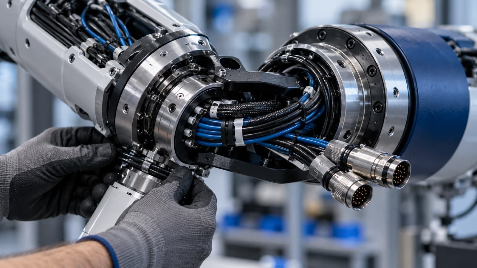 Cable harness running through a robot joint