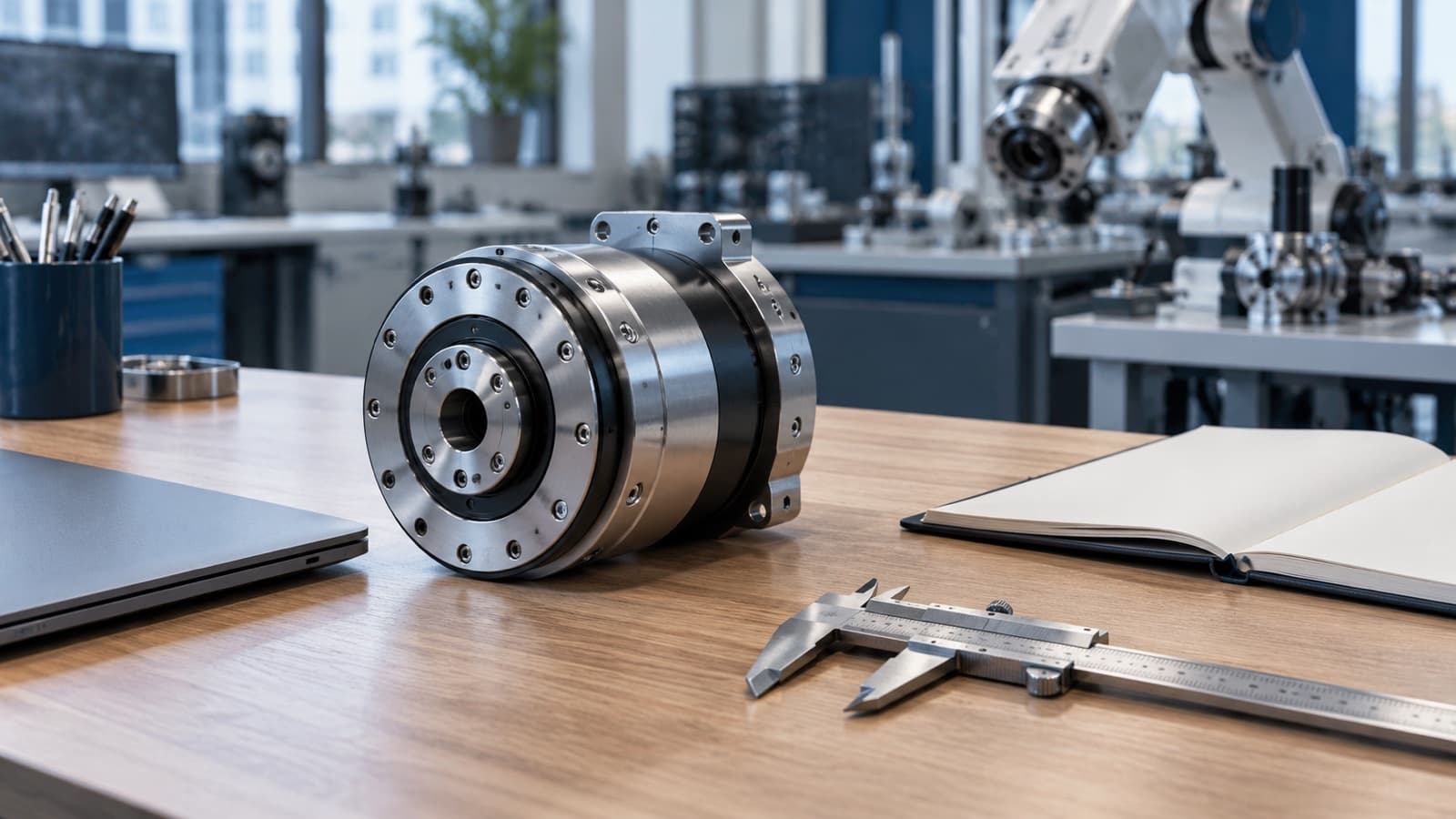 Robot actuator and caliper on a desk
