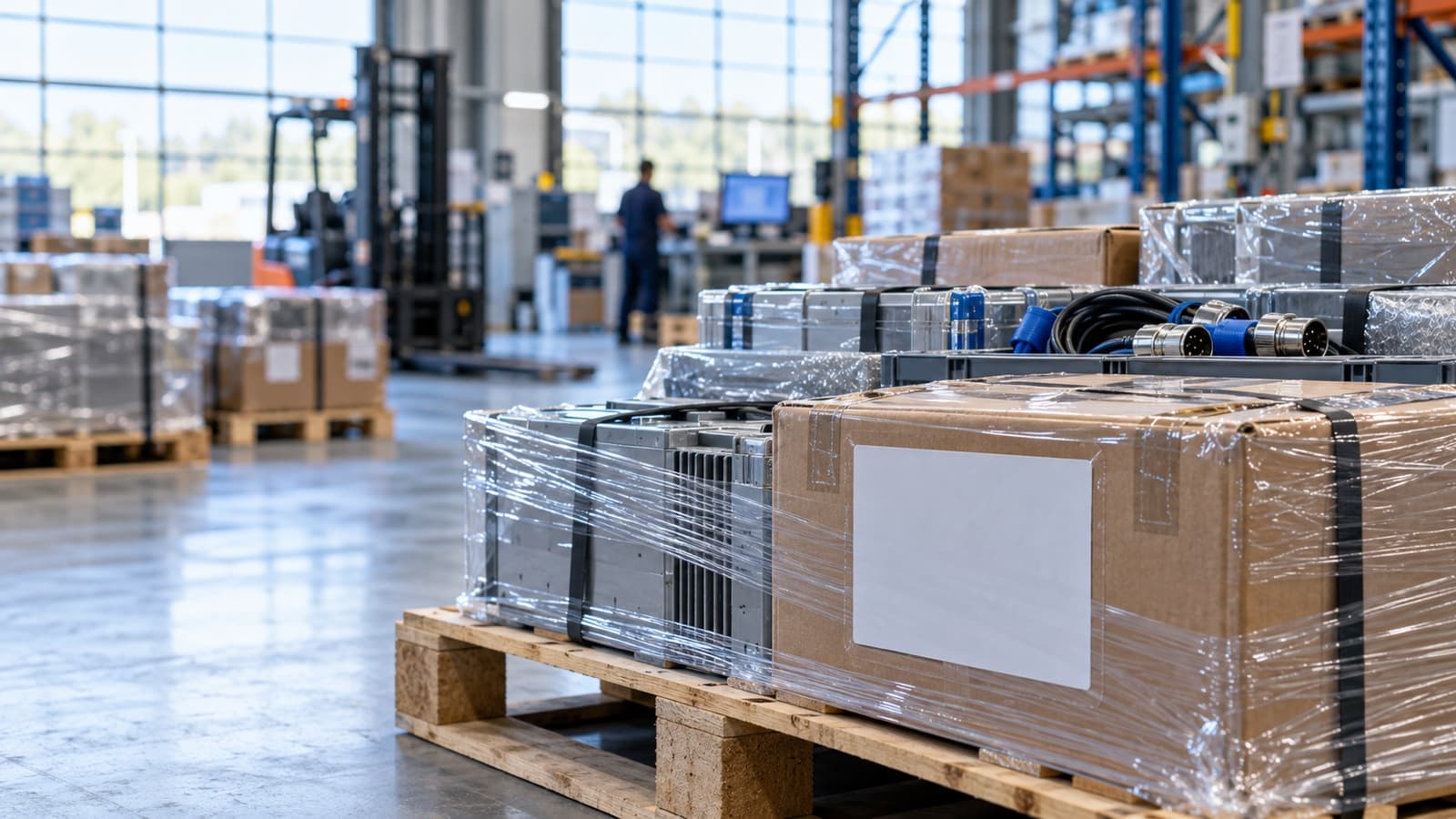 Component crates in a warehouse