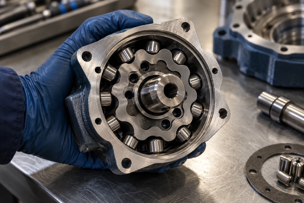 Opened reducer showing its internal mechanism, held by a gloved hand
