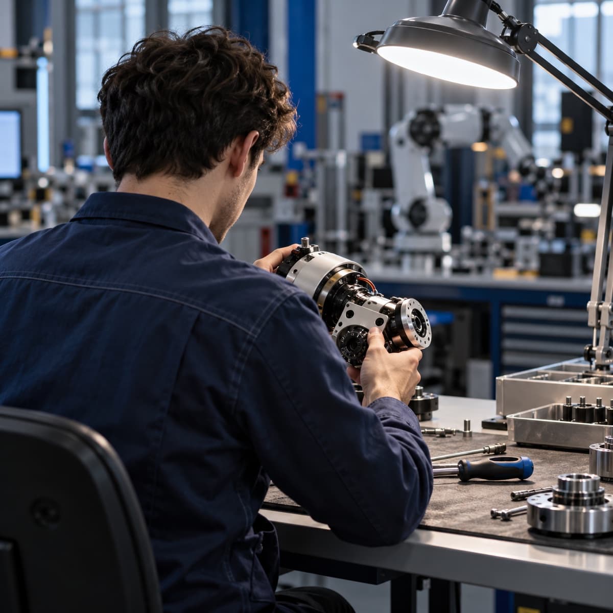 Illustration of a technician examining a component at a workbench